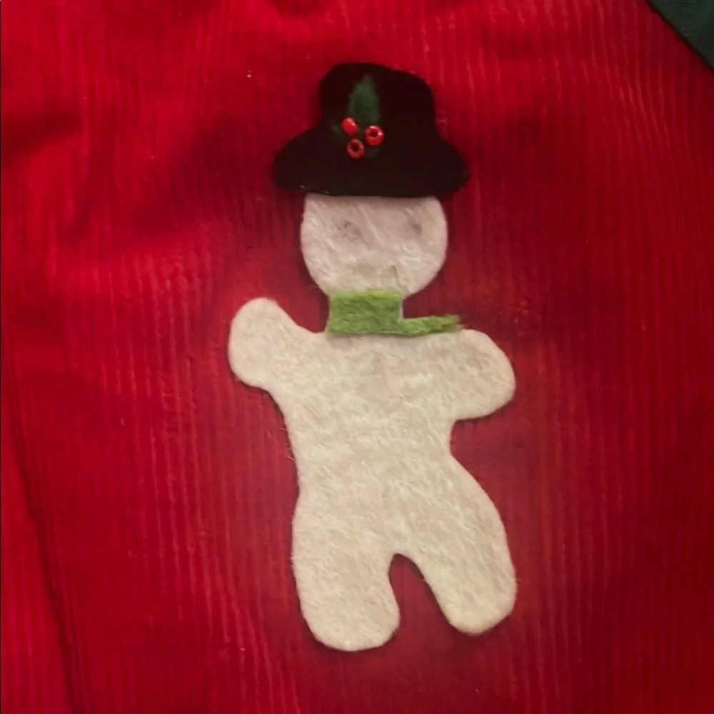 VTG Red Holiday Stocking with Felt Angel, Christmas Tree, Snowman & More